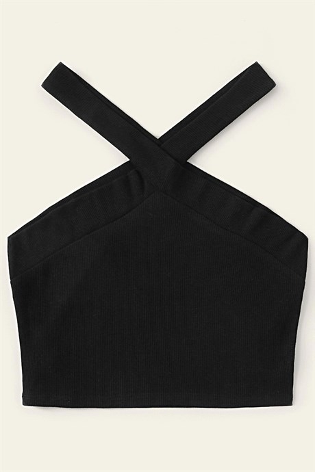 1452 Çapraz Askılı Kalın Fitilli  Siyah Crop Bluz