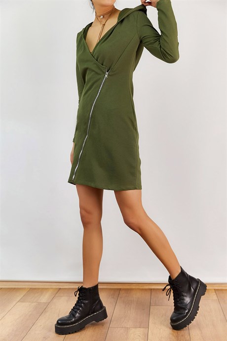2200-Fermuarlı Kapüşonlu Sweat Elbise