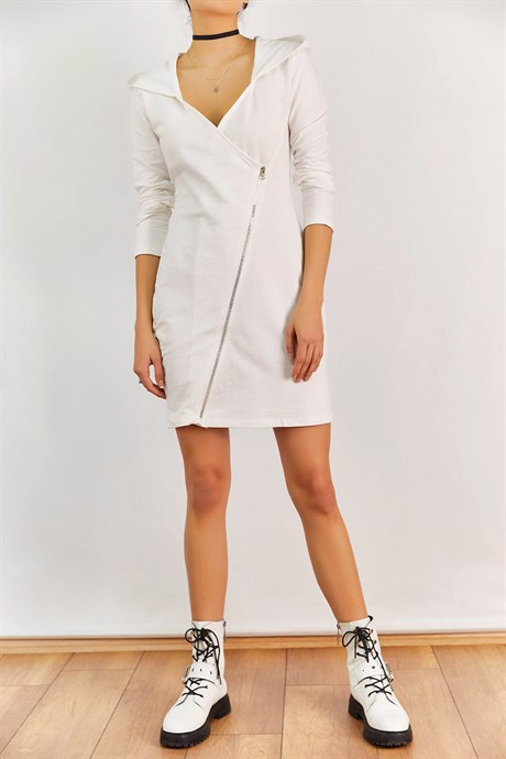 2200-Fermuarlı Kapüşonlu Sweat Elbise