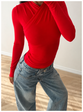 Red asymmetric long-sleeve top