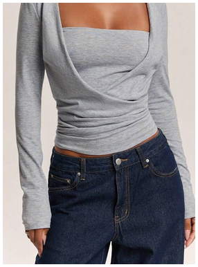 Grey draped long-sleeve top